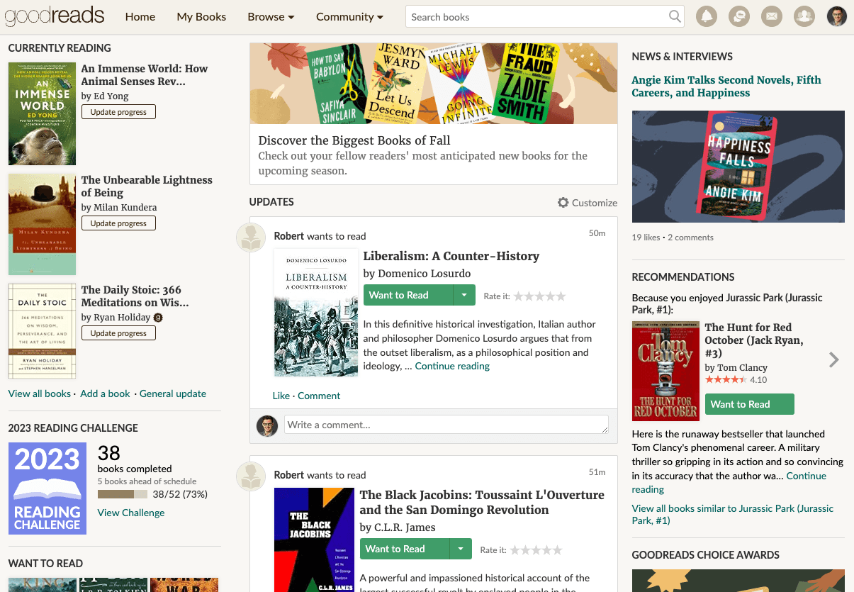 Goodreads homepage showing currently reading books, social feed and book count for the year